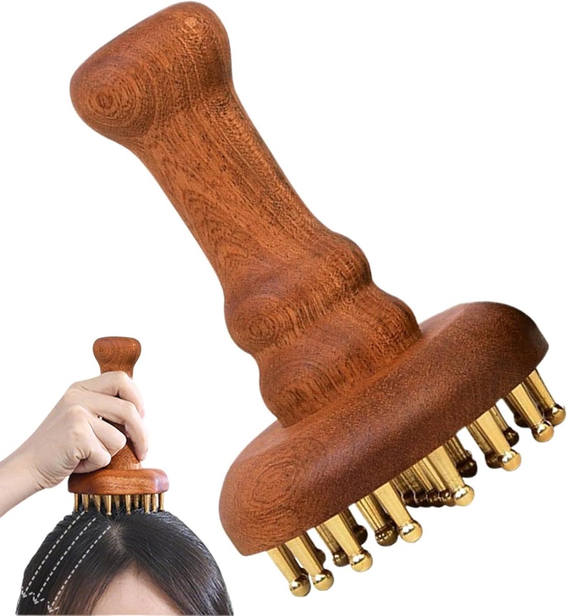 Hoofdhuidmassageapparaat - Ontspanningsborstel - Stress Verlichten - 24 Koperen Tanden - 17.4 cm - Houtkleurig