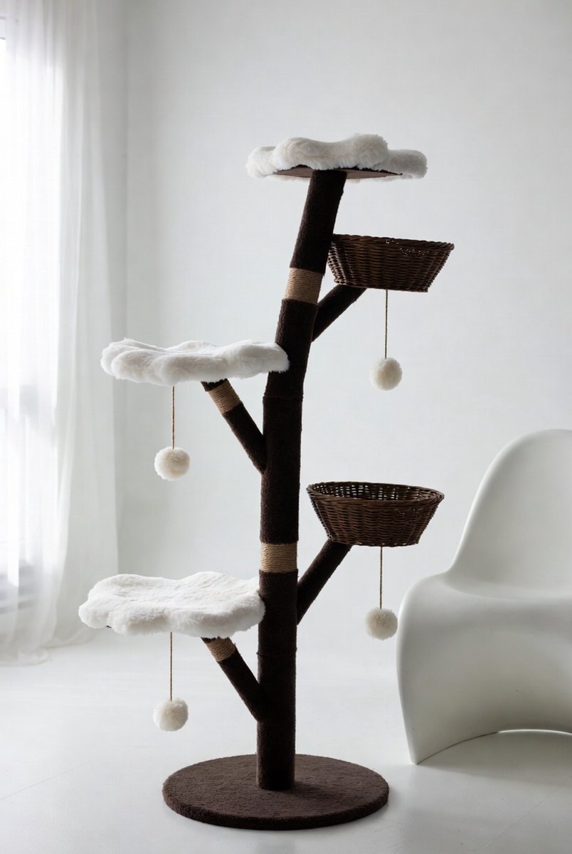 Luxe Kattenkrabpaal 145 cm met Zachte Ligplaatsen, Grote Stabiele Kattenboom met Sisal Krabpalen en Speelaccessoires voor Grote Katten – Modern Design Beige/Bruin | Ganeey
