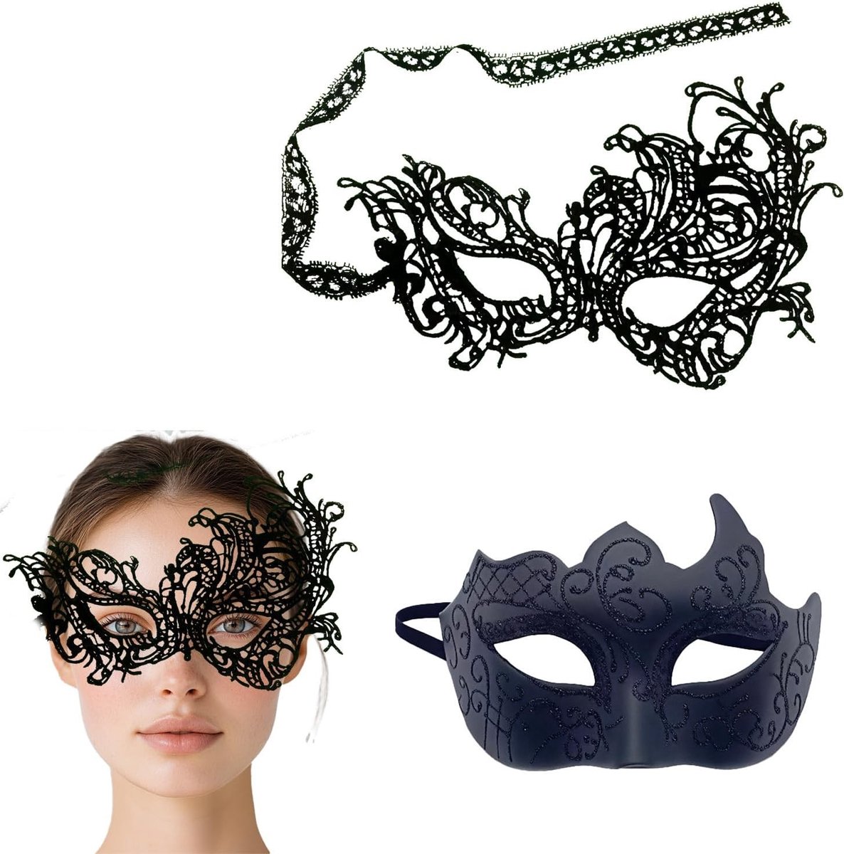 Set van 2 Zwarte Kanten Carnaval Masks voor Feest, Halloween, Cosplay en Maskerade Bal - Comfortabele Unisex Maten