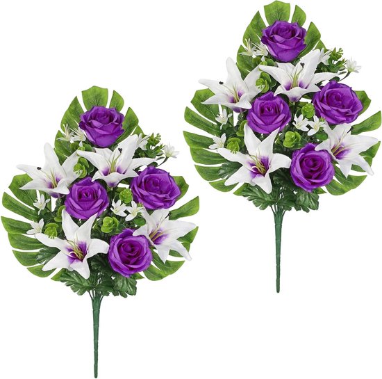 Set van 2 Kunstmatige Grafbloemen met Chrysanten en Lelies voor Begraafplaatsdecoratie, Rouwbloemen, Grafaccessoires en Herinneringen