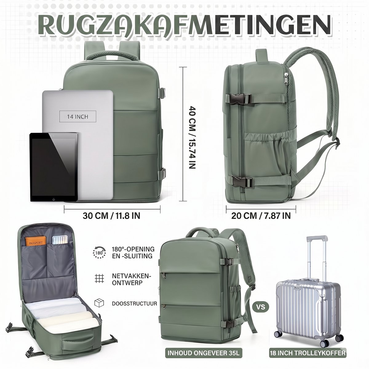 Reisrugzak Handbagage 40x30x20 cm – Ryanair & Wizz Air Geschikt – Laptop Rugzak 14 inch met Schoenenvak – Waterproof Travel Backpack voor Heren & Dames groen – foto 5