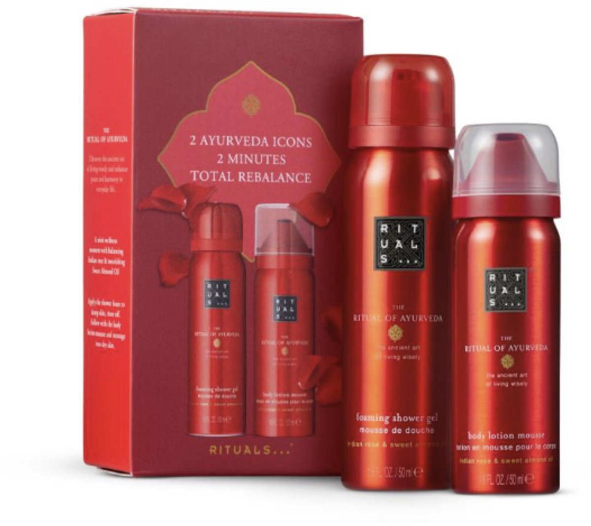 Rituals Geschenkset - 2 Producten - Douchegel 50 ml + Body Lotion Mousse 50 ml - Ritual of Ayurveda - Cadeaus voor Vrouwen - Cadeaudoos - Geschenkdoos - Cadeauset - Giftset Vrouw - Badschuim - Doucheschuim - Shower Gel - Douche Foam - Bodylotion