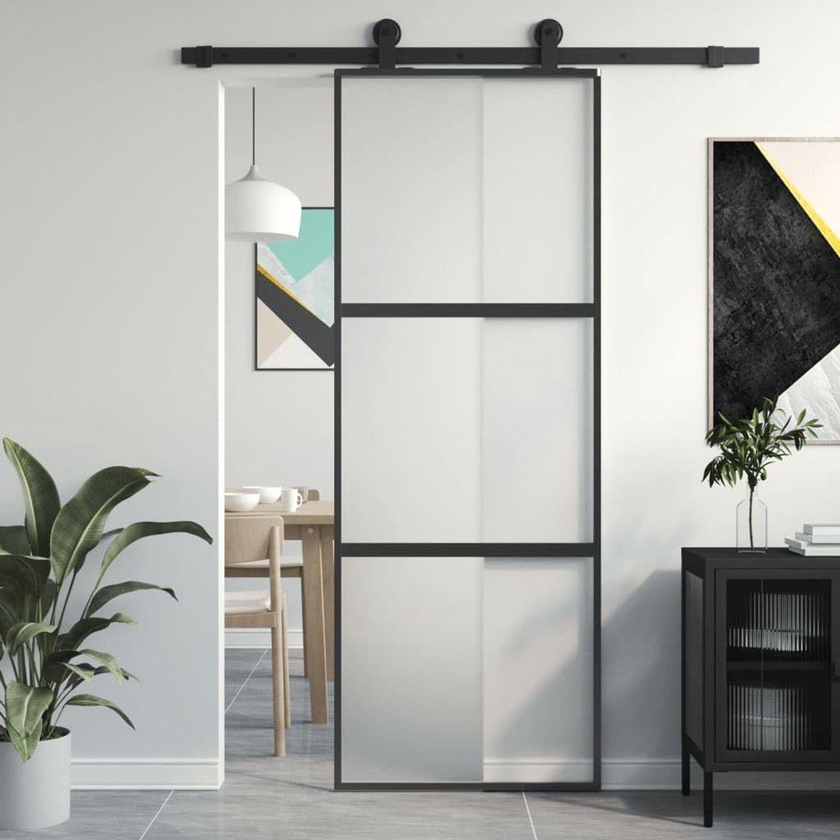 Schuifdeur 76 x 205 cm – Zwarte Aluminium Glazen Binnendeur met Gehard Mat Glas – Moderne Stille Wandschuifdeur met Railsysteem – Minimalistisch Design – Faisal