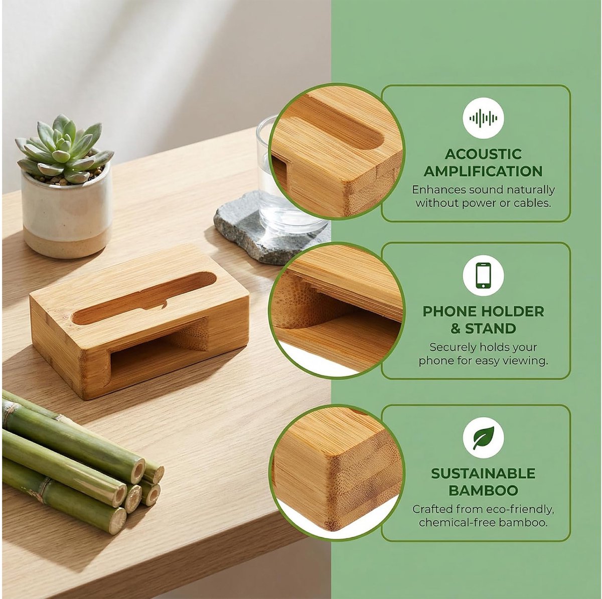 SnelShoppen - Bamboe Luidsprekerversterker voor Mobiele Telefoon, Houten Telefoonstandaard, Passieve Geluidsversterker zonder Stroom, Ideaal voor Bure — cadeau in Gadgets - foto 8