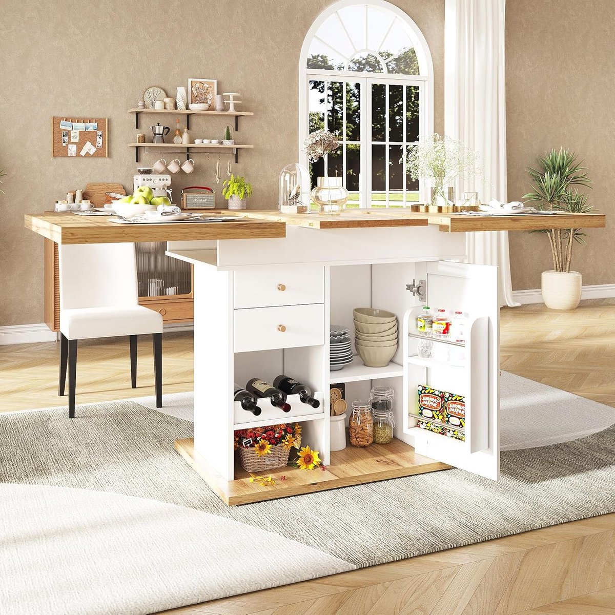 Telescopic Dining Table (110-140 x 80 cm), Foldable Kitchen Table for 4-6 People, Extendable Dining Table, Space-Saving Kitchen Table, for Kitchen and Living Room, Table with Snack Rack and Wine Rack (White)