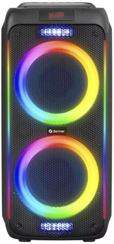Zwarte Denver speaker met dubbele luidsprekers omringd door veelkleurige LED-ringen.