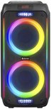 Zwarte Denver speaker met dubbele luidsprekers omringd door veelkleurige LED-ringen.