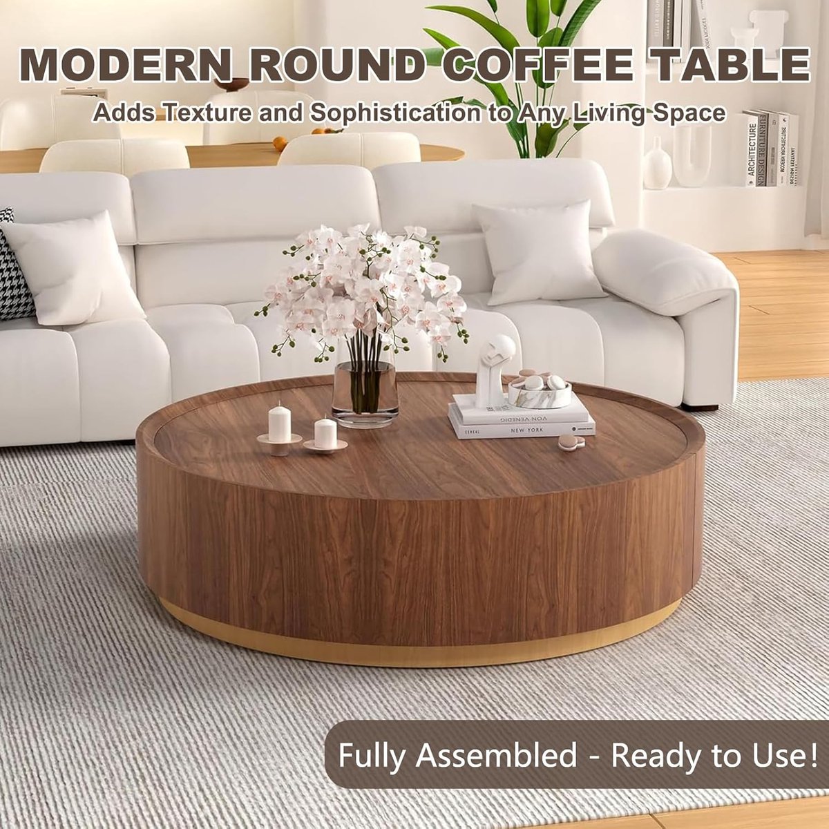 Ronde salontafel met opberglade 90 x 90 x 31 cm – moderne koffietafel in walnoot houtlook met verborgen opbergruimte, krasbestendig MDF design, volledig gemonteerd – Faisal