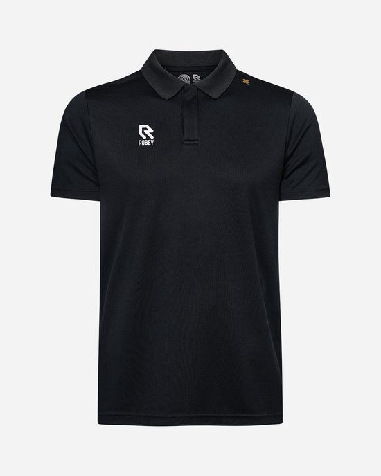 Zwarte Robey poloshirt met wit Robey logo op de borst en een donkergrijs, ingekort kraagje.