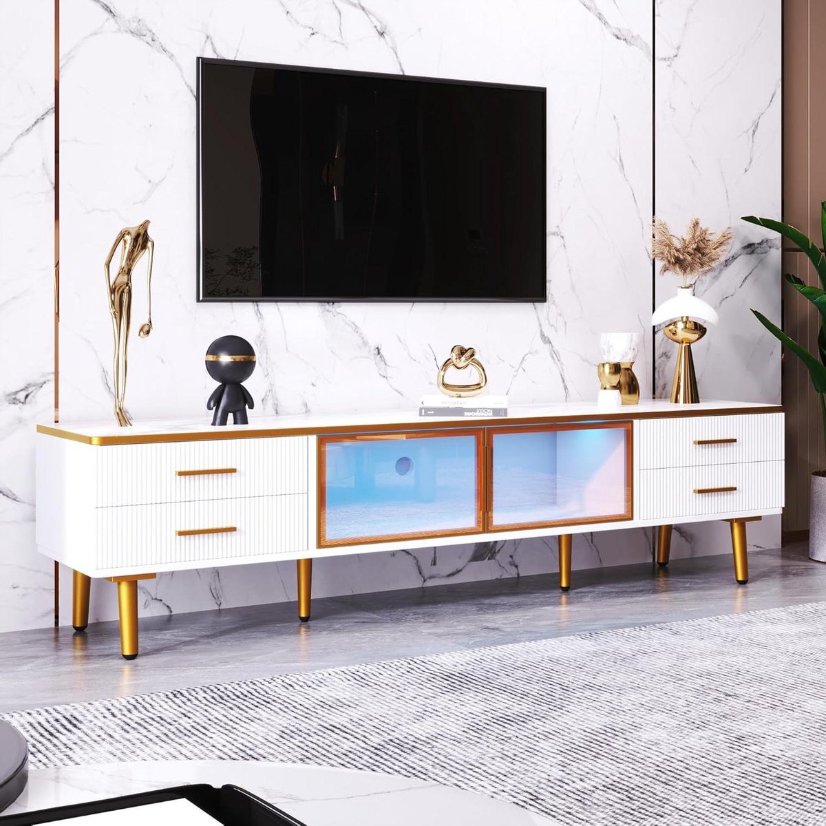 Tv-kast Salontafel - Woonkamermeubel Set - Moderne Woonkamer - Variabele LED Verlichting - 170x37x475cm - Wit Goud