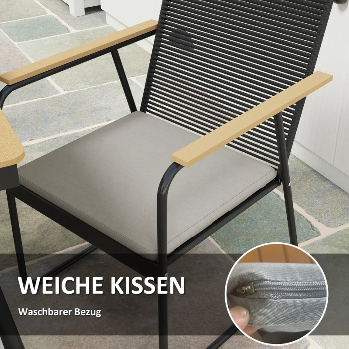 Tuinset - 7-delige Zitgroep - met 1 Tuintafel & 6 Stoelen - Tuinmeubelset voor 6 Personen - Tuintafelset - Tuin Eetset - Diningset - Zitset - voor Terras, Balkon, Tuin - Eetkamerset - Naturel Hout + Zwart – foto 6