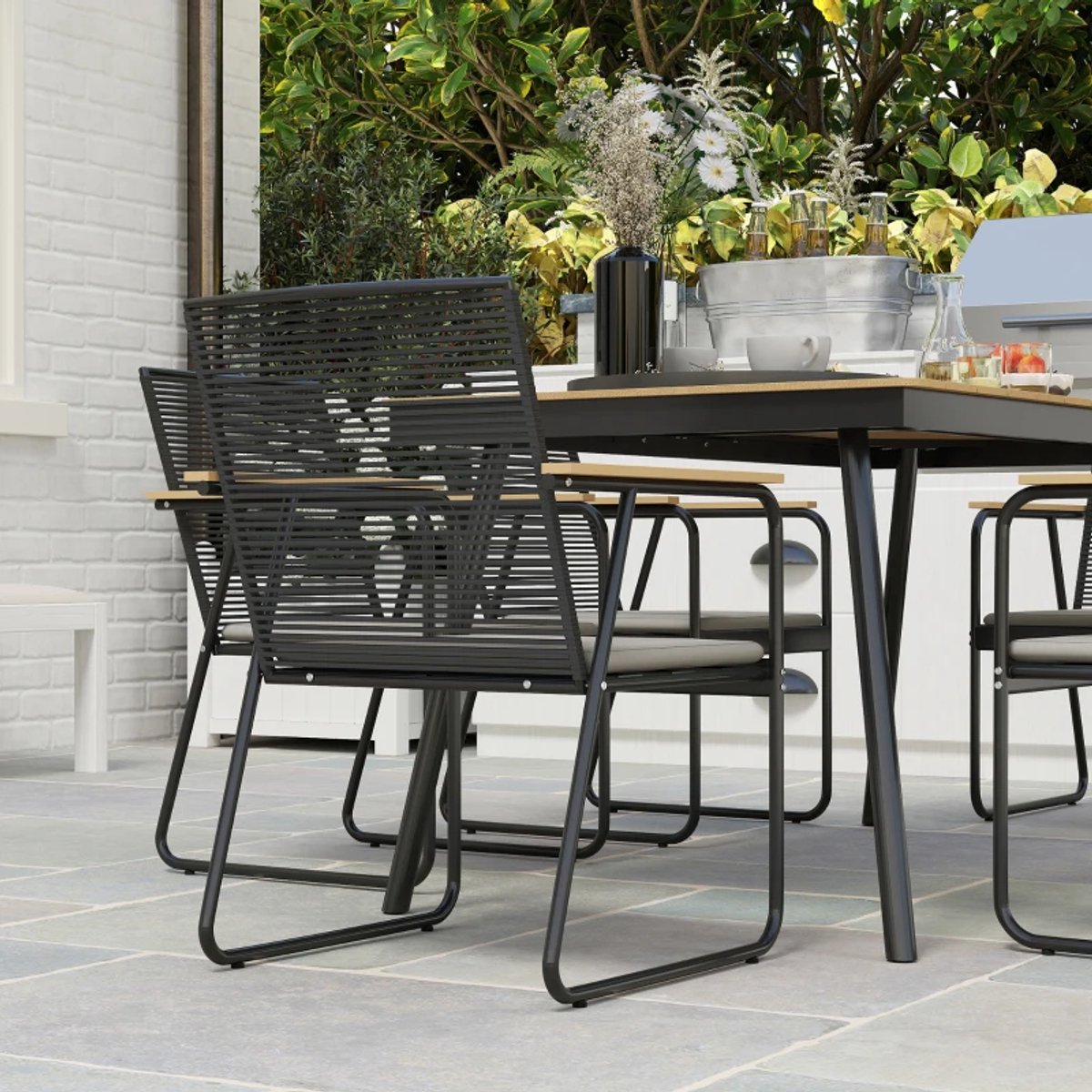 Tuinset - 7-delige Zitgroep - met 1 Tuintafel & 6 Stoelen - Tuinmeubelset voor 6 Personen - Tuintafelset - Tuin Eetset - Diningset - Zitset - voor Terras, Balkon, Tuin - Eetkamerset - Naturel Hout + Zwart – foto 3