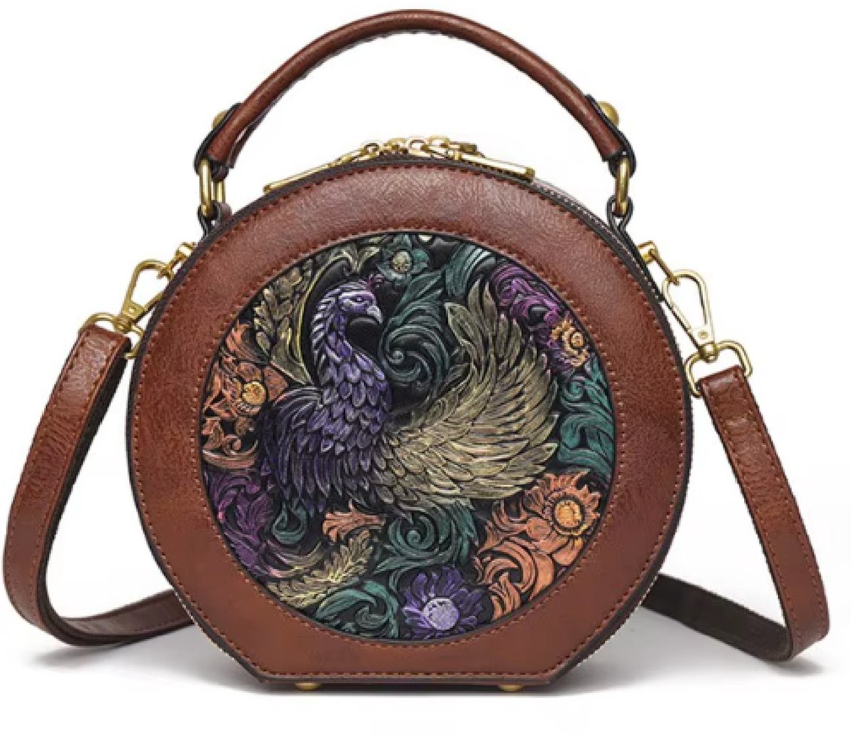 Hetty'S - Luxe handtas - Uniek rond model - Met Phoenix Vogel- Leer -