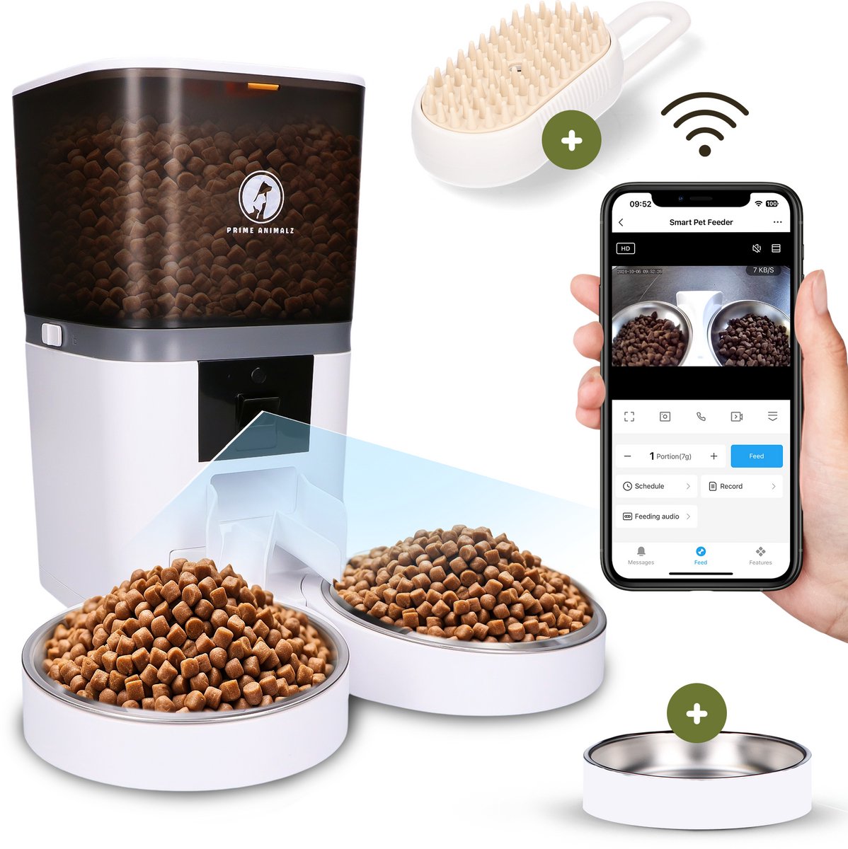Automatische Voerbak Kat en Hond 6L Upgraded – Slimme Voerdispenser met Camera – Full HD 1080P Night Vision – Two-Way Audio – RVS Dubbele en Enkele Voerbak – App-bediening – Voerschema Instellen – Prime AnimalZ – Wit