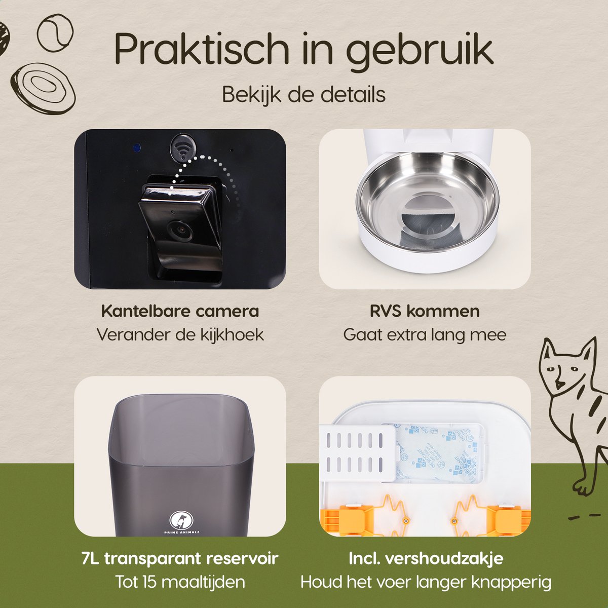 Automatische Voerbak Kat en Hond 7L – Voerautomaat met Camera – Full HD 1080P – Two-Way Audio – Enkele Voederbak – Slimme Voerdispenser – App-bediening – Voerschema Instellen – Kattenvoerbak Automatisch – Smart Pet Feeder – Prime AnimalZ – Wit thumbnail 4