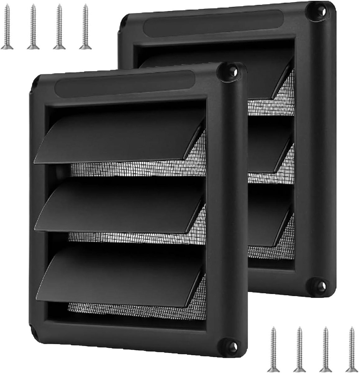 Ventilatierooster Set - Afvoerrooster Buiten - Luchtcirculatie Verbeteren - Beweegbare Lamellen Insectennet - 100 mm Diameter - Zwart