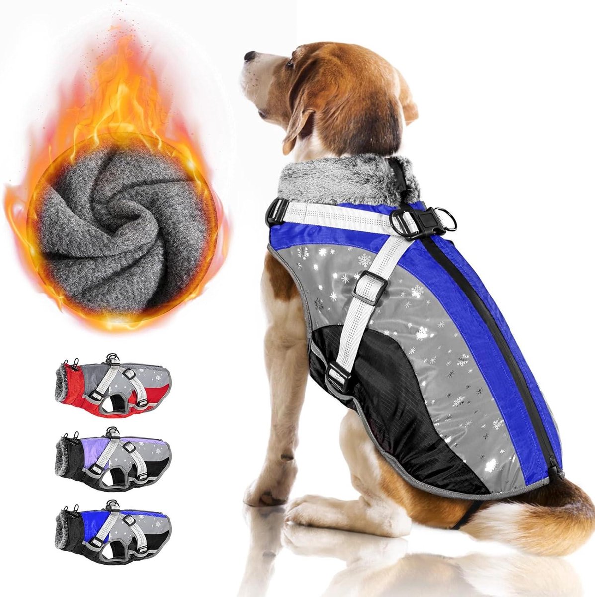 Hondenjas met harnas - Winterjas hond - Buitenactiviteiten - Afneembaar harnas - Maat XL - Zwart blauw