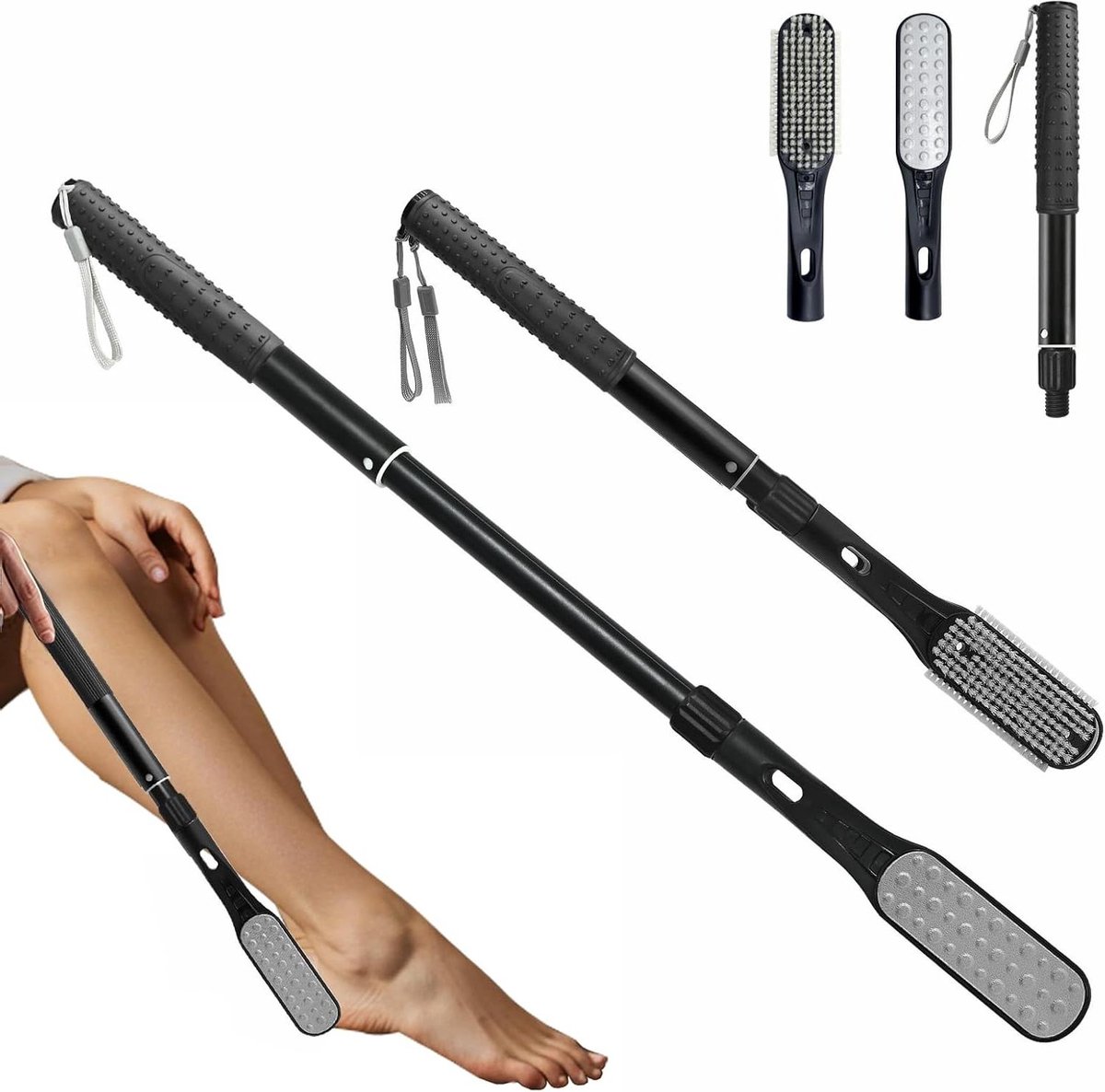 Voetvijl Lange Steel - Voet Borstel - Voeten Reinigen - Verstelbare Lengte - Tot 66 cm - Grijs