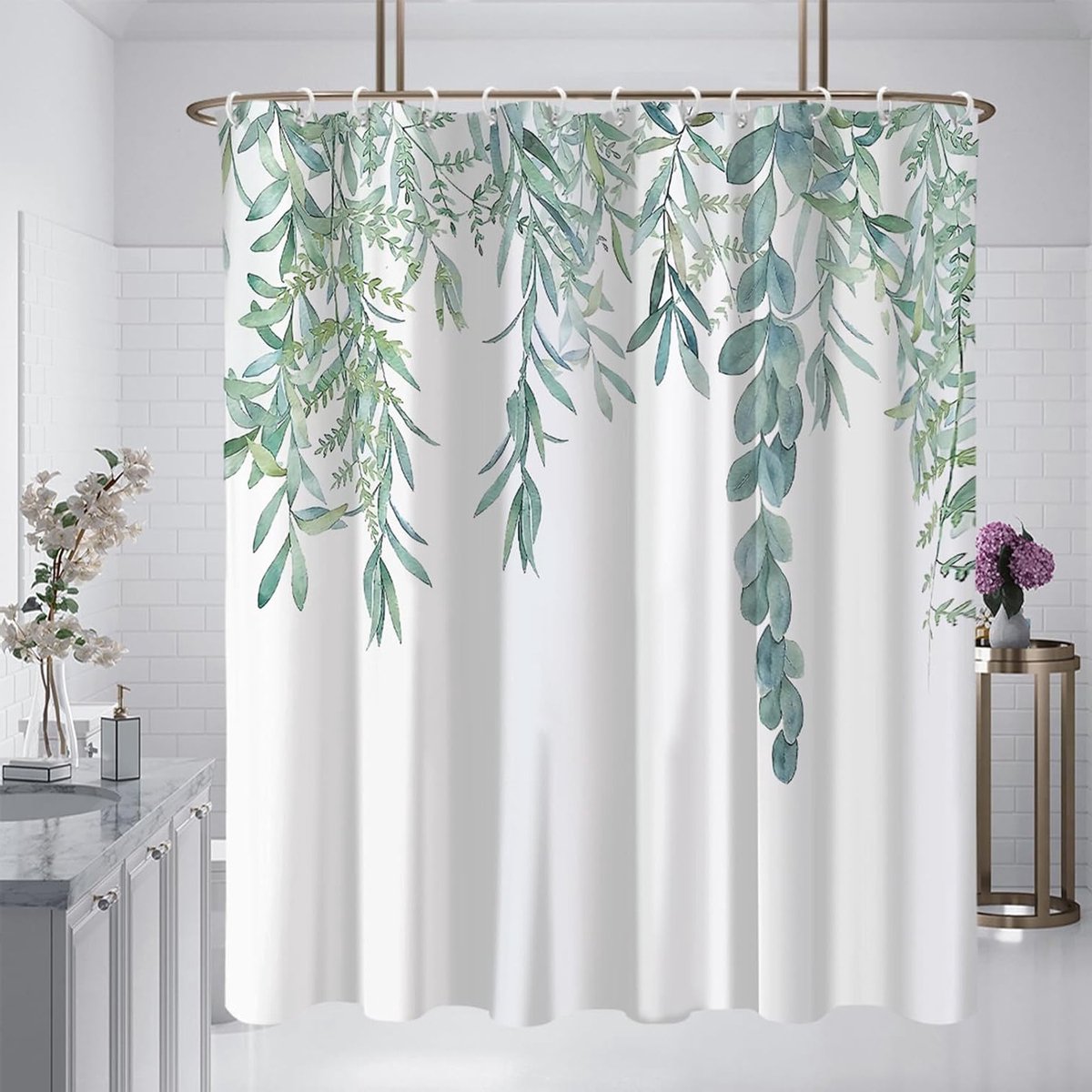 Witte Douchegordijn met Haakjes 180 x 180 cm, Waterdicht en Schimmelbestendig met Groene Bloemenprint voor Badkamer Decoratie