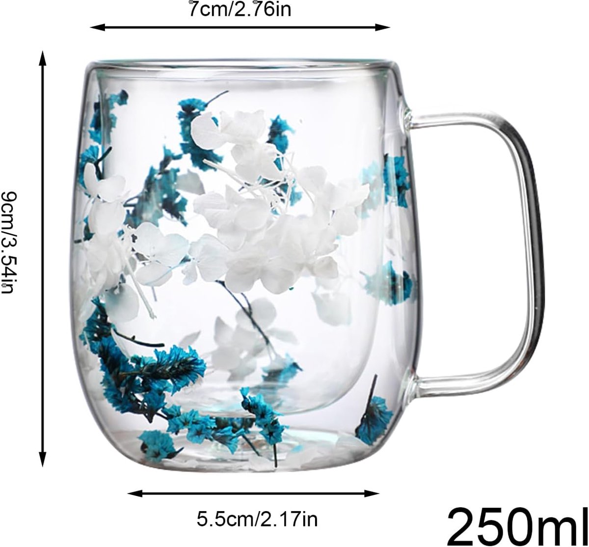 Theekop met bloemen - Glazen mok - Genieten van dranken - Dubbelwandig geïsoleerd - 250 ml - Wit en blauw — cadeau in Koken & Dineren - foto 7