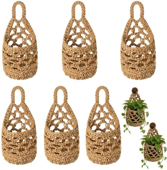 Macramé Plantenhanger - 6 Stuks - hanging basket - hangende plantenmand - Boho Handgeweven Katoen Hangpot - Hangende Fruitmand - Plant Hanger - Bohemian decoratie - Gevlochten - Binnen/Buiten - Handgemaakt - Keuken/Balkon Opbergmand - 10 x 20 cm