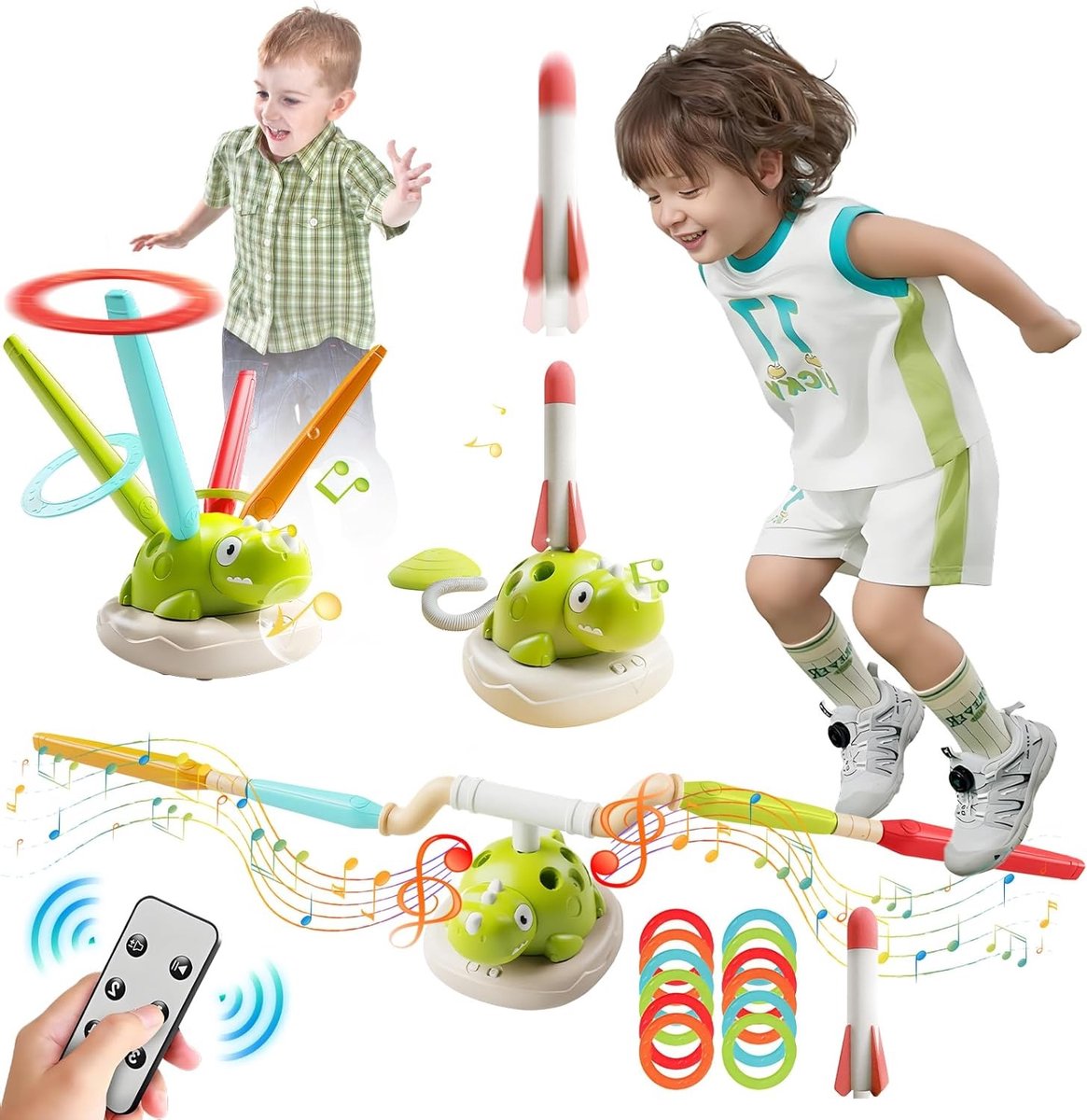 3-in-1 Buiten Speelgoed voor Kinderen, Raketspeelgoed, Springtouw en Gooi Spel, Met Muziek en Afstandsbediening, Geschikt voor Kinderen van 3 tot 8 Jaar