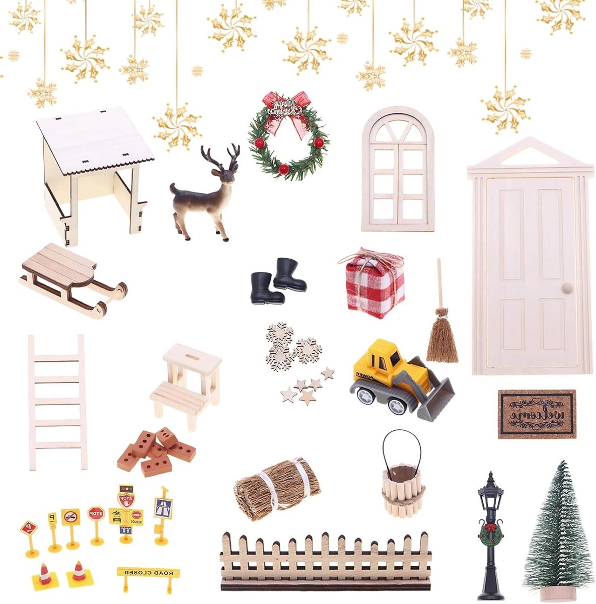 Gnome Deur Set met 42 Stukken - Inclusief Fairy Deur, Kerstboom Guirlande, Tuinmeubels en Decoratie voor Feestdagen en DIY Projecten