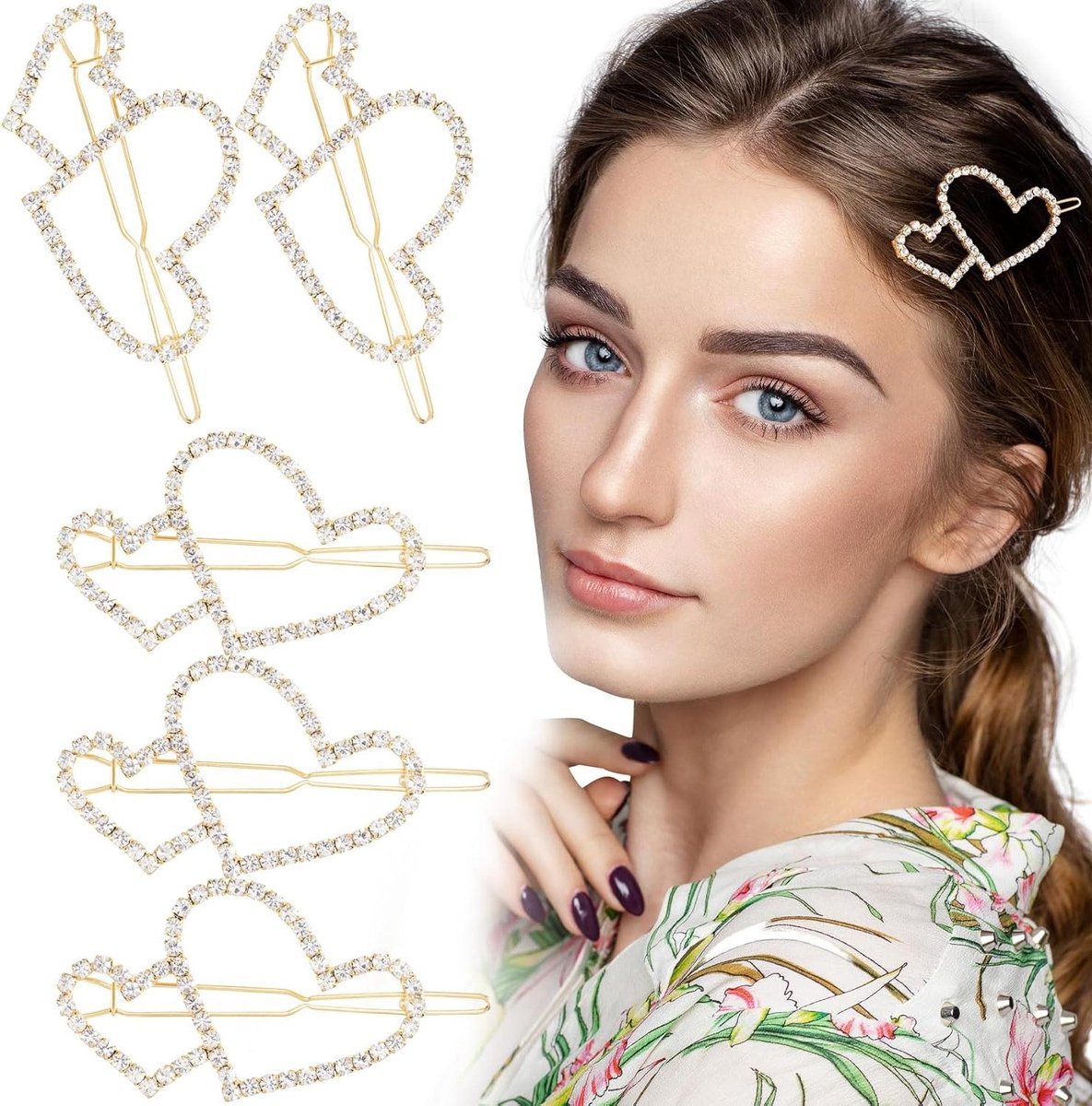 Hart Haarspeldjes - Strass Clips - Haar Decoratie - Hol Hart Ontwerp - 5 Stuks - Goud