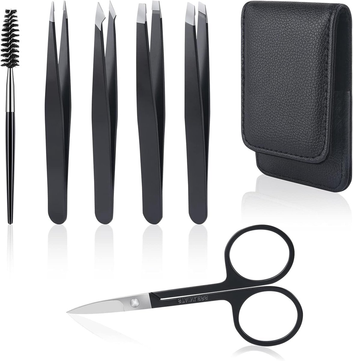Professionele Set van 6 Precisie Pincetten en Schaar voor Perfecte Wenkbrauwen met Leeropbergcase, Ideaal voor Wenkbrauwverzorging en Gezichtsbeharing Verwijderen
