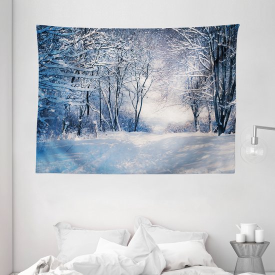 ABAKUHAUS Tapis d'hiver et couvre-lit, Allée dans une forêt enneigée, 150 x 110 cm, Bleu Noir Blanc