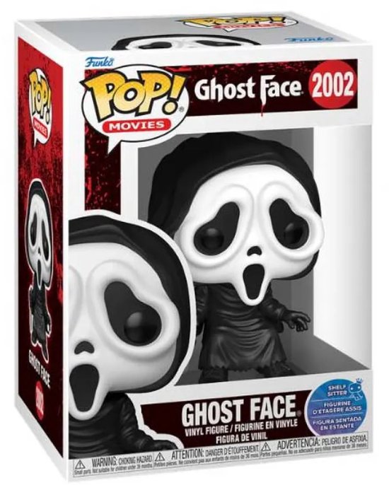 Figurine Funko Pop! "Ghost Face 2002" en boîte, portant un manteau blanc et un masque noir.