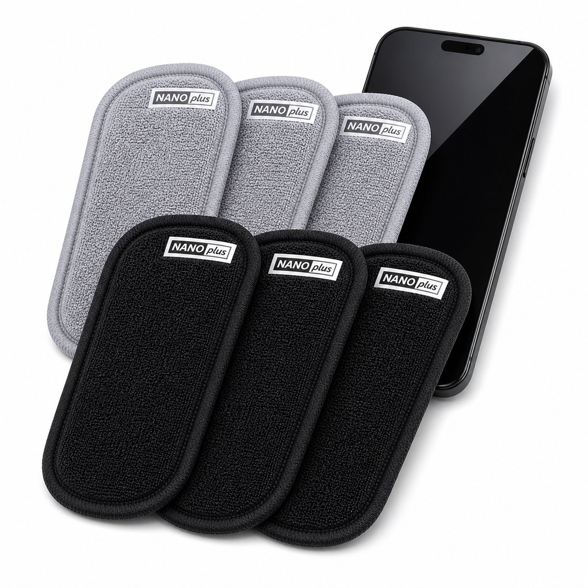 Nano Plus Microvezel Doekjes – Reinigingsdoekjes voor Telefoon, Bril & Laptop – Streeploos Schoon – 6 Stuks-grijs/zwart