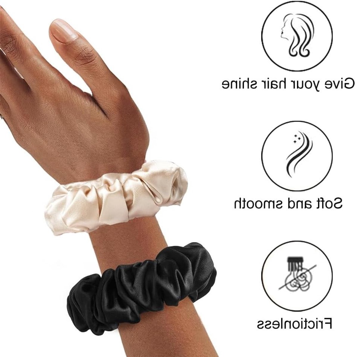 Zijdeachtige Scrunchies voor Dames, Glanzende Haarbanden tegen Haarbreuk, Zachte Braid Bands Set van 2 in Zwart en Champagne, Perfect voor Fijn en Krullend Haar