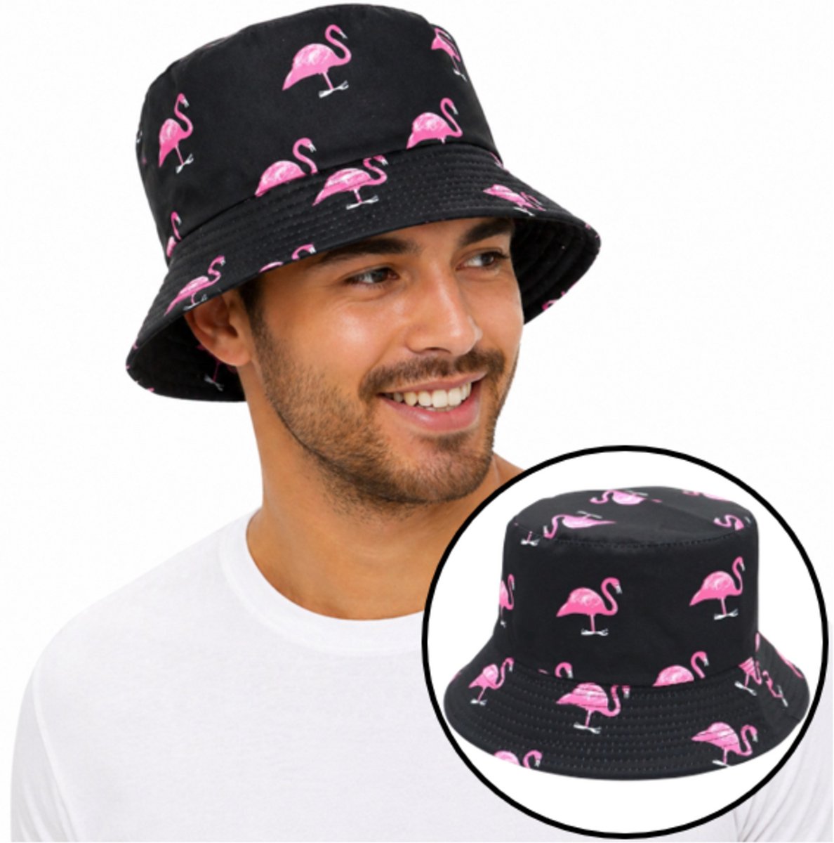 Pradeo - Bucket Hat - Vissershoedje - Buckethat - Flamingo - Omkeerbaar - Reversible - Carnaval - Feest - Festival - Vrijgezellenfeest - Outfit - Zwart - Roze - One Size Fits All