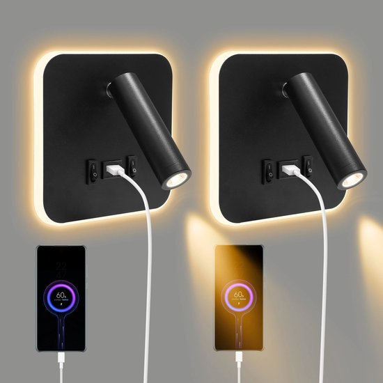 Stervia Nachtlampje - Set van 2 - Leeslampje - LED - Met USB Poort - 330° Draaibaar Lampje - 3000K Licht - Zwart - 14.5 x 14.5 cm van Stervia — afbeelding 4