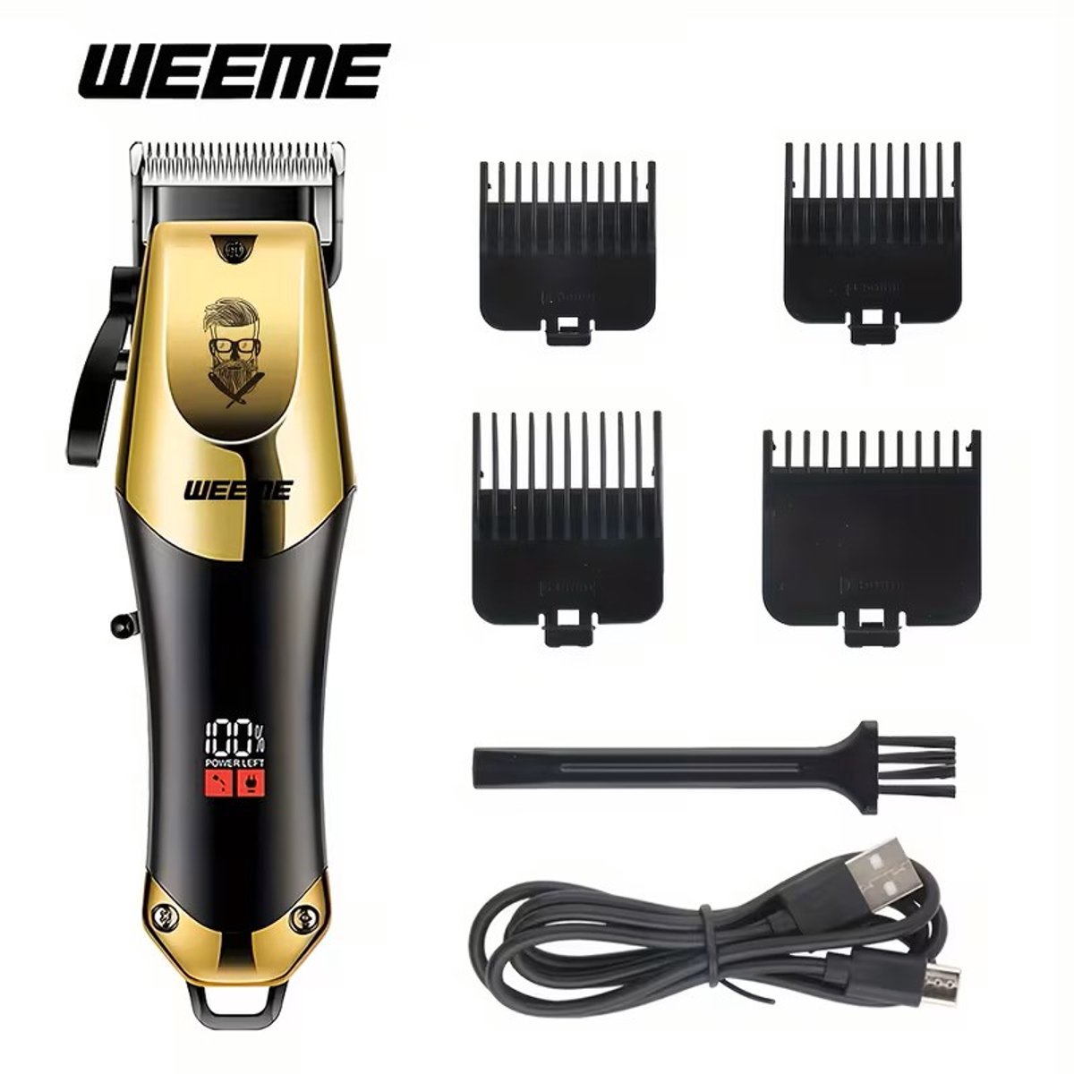 WEEME Clipper - Digitale Tondeuse - 3x 0.5mm Ingebouwde modi's/standen + 4x Opzetstukken - Usb Oplaadbare Scheerapparaat voor Gezichtshaar, Hoofdhaar en Lichaamshaar - Digitale Batterij Indicator - Kleur: Goud