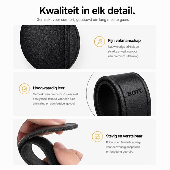 Detailopname van zwarte kunstleren kinderwagenhaakjes van BOTC, met focus op vakmanschap en materiaal.