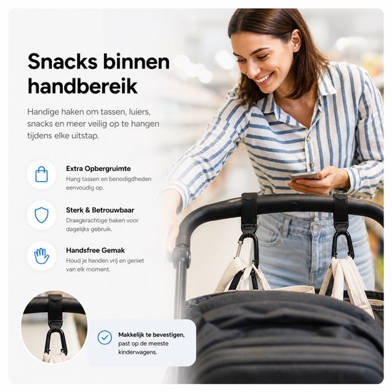Een vrouw met een telefoon hangt tassen aan een kinderwagen met zwarte BOTC haken.