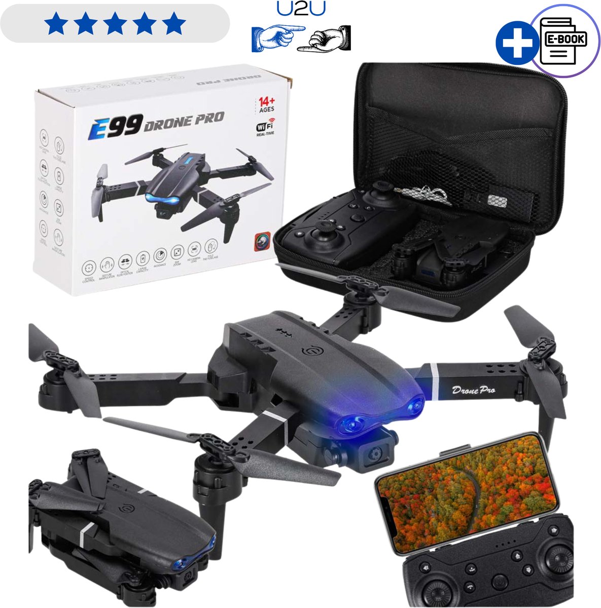 E99 PRO Bestuurbare Drone met Camera en Koffer - RC Drone 720P met Dual Camera, Extra Batterij en 360° Stunts - Opvouwbare Quadcopter met Headless Mode voor Beginners en Gevorderden - Bereik 100 Meter Grafiet Met Ebook