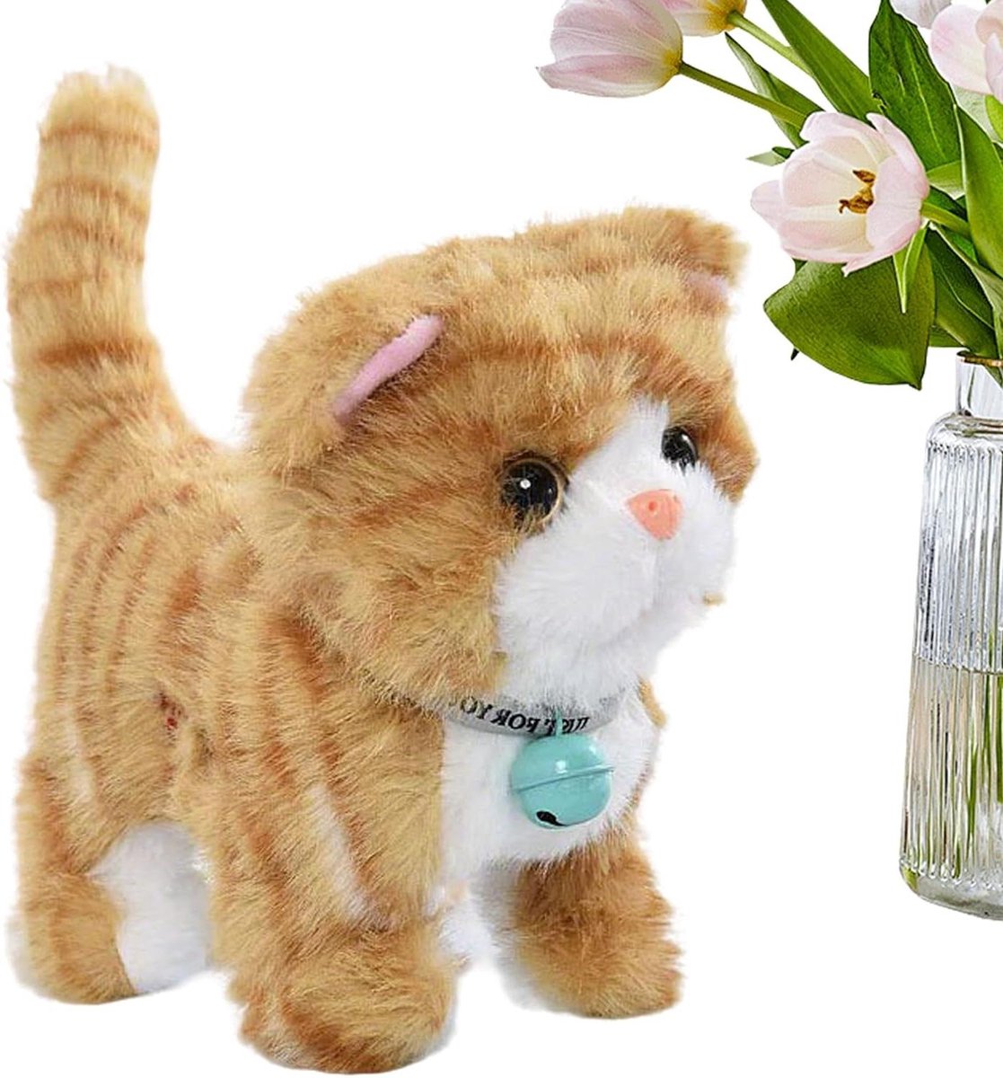 Elektrische Kat Speelgoed - Wandelende Pluche Kat - Rollenspel Kinderen - Met Muziek En Beweging - 17 Cm - Geel
