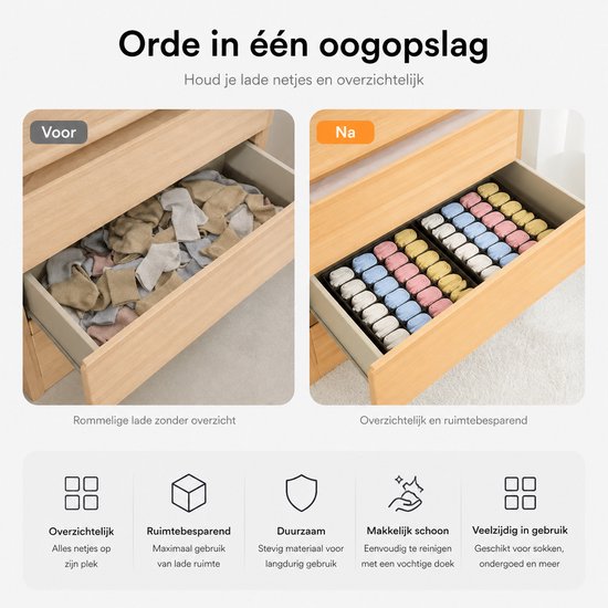 Vergelijking van een rommelige lade met sokken voor en een opgeruimde lade met zwarte organizer na.
