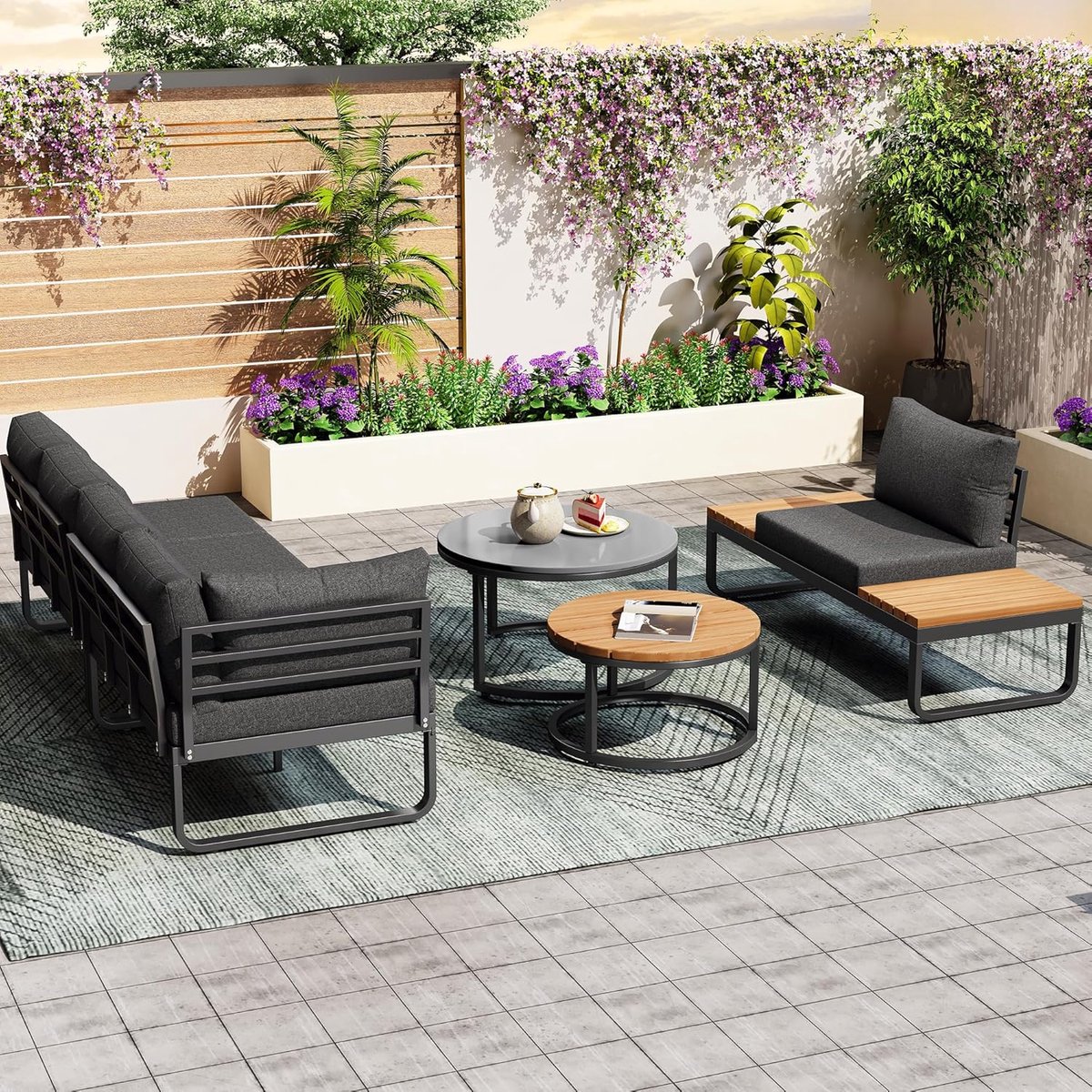 Tuinloungeset 5-delig 123,5x58x66 cm – 4-5 Persoons Loungeset met 2 Banken, Fauteuil, 2 Salontafels & Dikke Kussens – Modern Donkergrijs/Houtlook – Verstelbare Poten – HomebyNicole