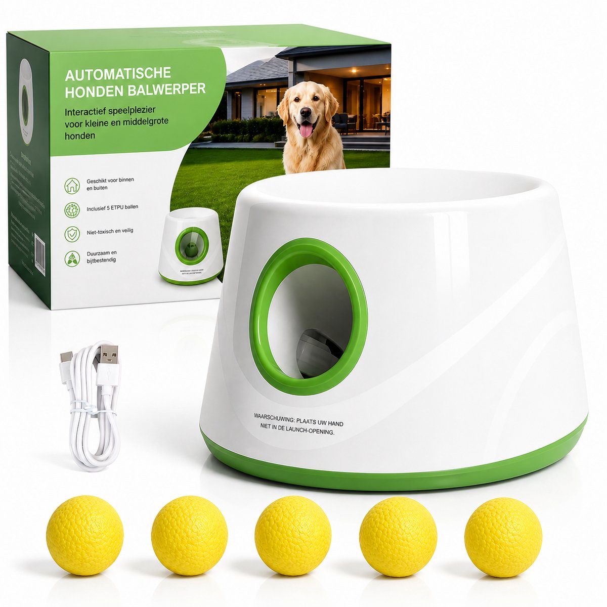 Sello! automatische ballenwerper hond – hondenspeelgoed – oplaadbaar – niet giftige ballen – bijtbestendig materiaal - groen