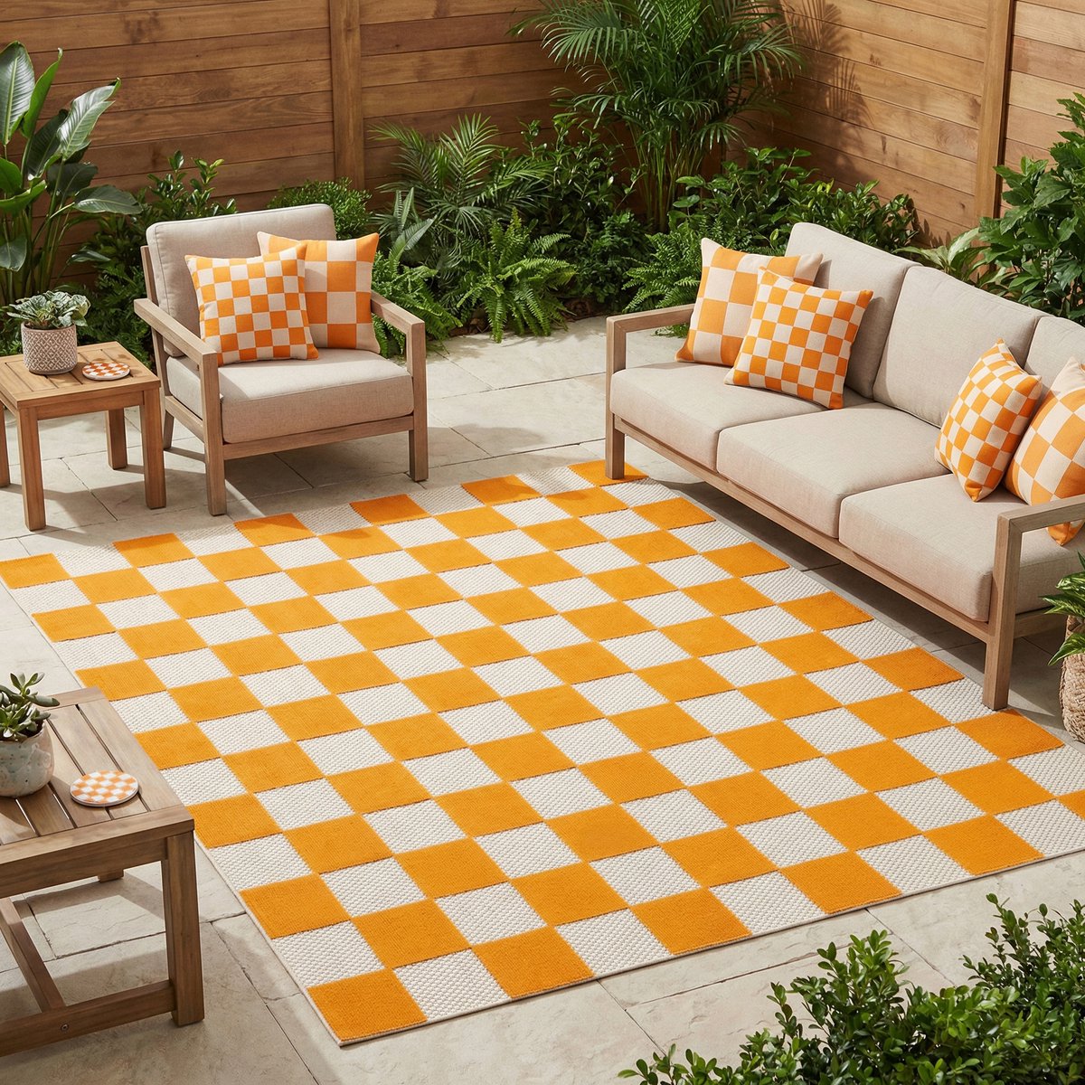 Tapiso Checker Buitenkleed Weerbestendig Buitentapijt Balkon Tuin Terras - Wasbaar UV-bestendig Slijtvast Balkontapijt Indoor Outdoor Tapijt Crème Oranje 140x200