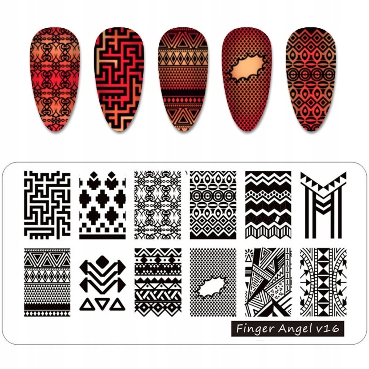 Born Pretty Finger Angel - V16 Serie - Nagelstempelplaat - 12x6 cm - Geometrische, Azteekse en Boho Patronen