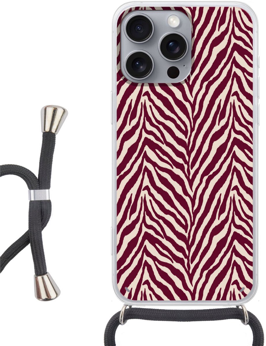Telefoonhoesje Geschikt voor iPhone 16 Pro Max - Zebra - Motief - Bordeaux - Rood - Siliconen - Crossbody - Backcover met Koord - Telefoonhoesje met koord - Hoesje met touw Telefoonhoesje