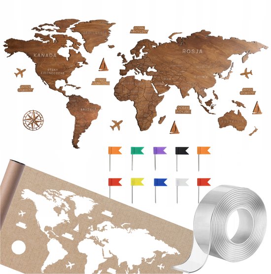 SMX Design - Houten Wereldkaart 3D - 180cm - Met Landen en Hoofdsteden - Inclusief Accessoires