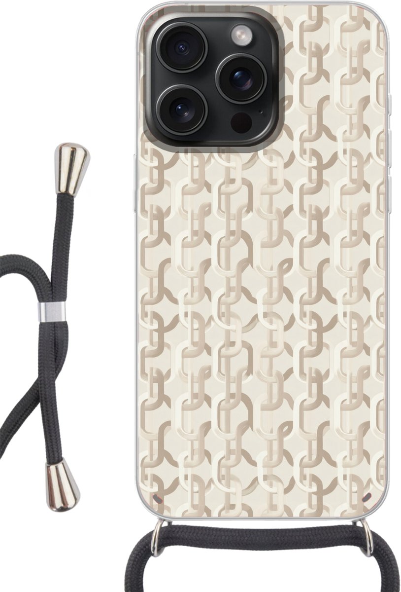 Telefoonhoesje Geschikt voor iPhone 15 Pro - Motief - Abstract - Beige - Siliconen - Crossbody - Backcover met Koord - Telefoonhoesje met koord - Hoesje met touw Telefoonhoesje