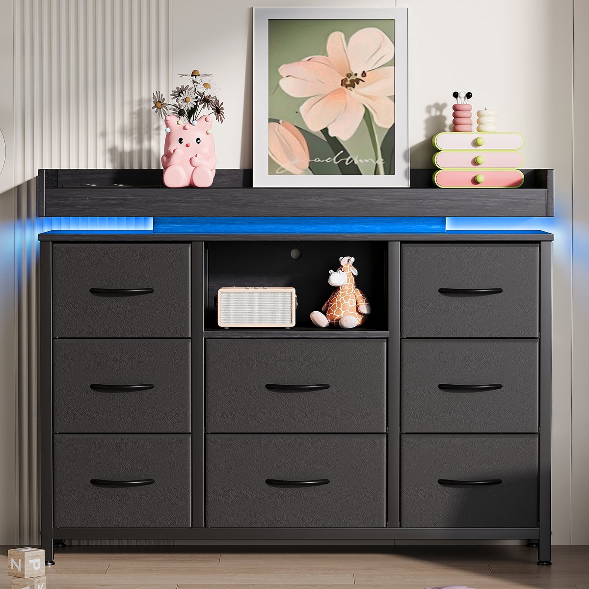 Ladekast met 8 lades, Opbergkast met LED-Verlichting en Oplaadstation – Smalle Stoffcommode voor Woonkamer Slaapkamer Hal 108x30x82 cm, Zwart