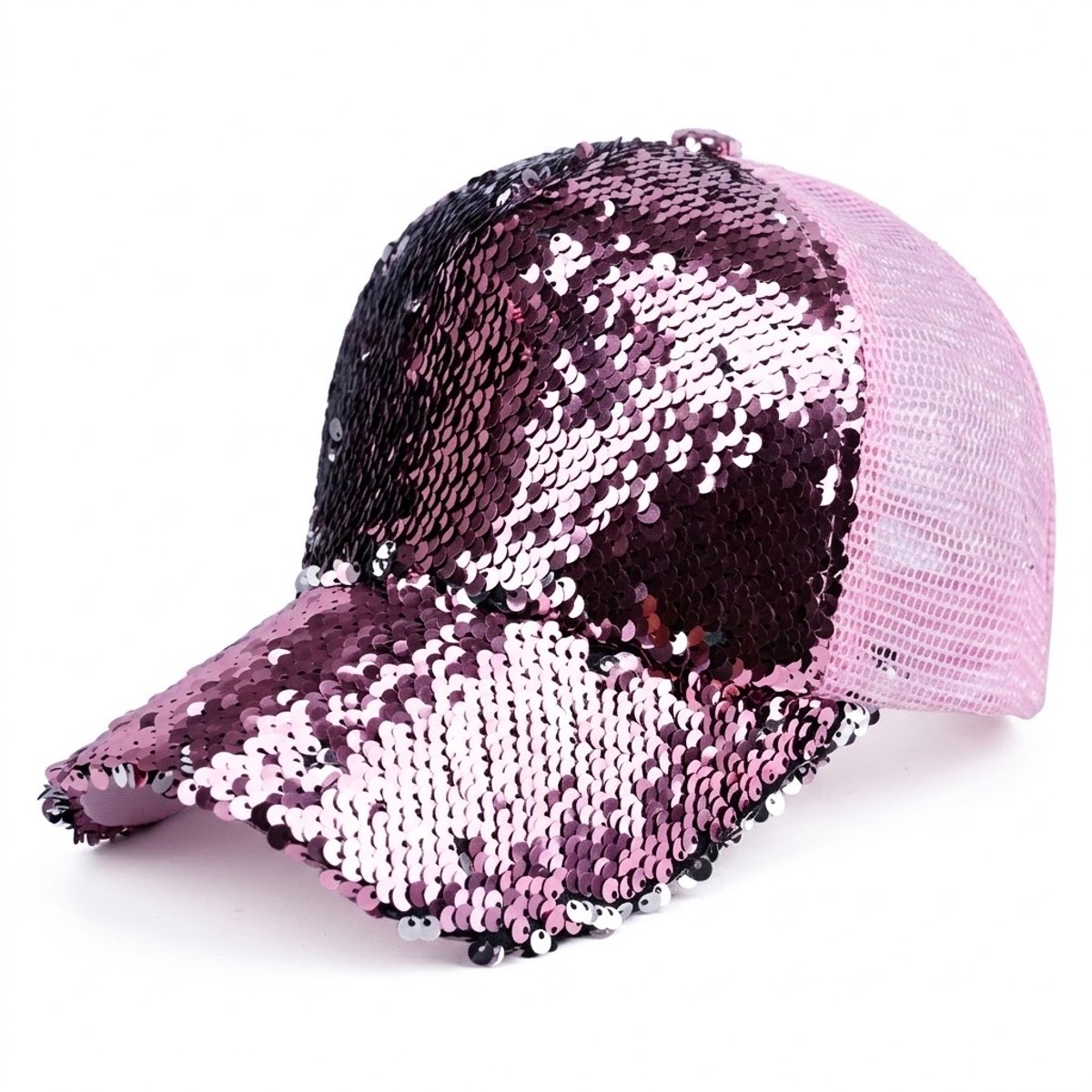 Roze pailletten baseball pet dames – glanzende cap met kleurveranderende pailletten en mesh achterkant – verstelbare trucker pet met gebogen klep – feestelijke dames pet voor outdoor en casual gebruik